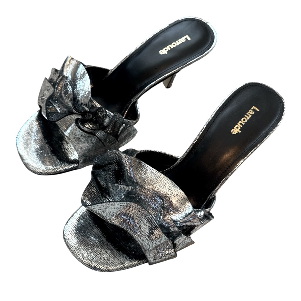 Larroude Colette Ruffle Mule Heels Cracked Silver